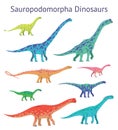 Set of sauropodomorpha dinosaurs. Colorful vector illustration of dinosaurs isolated on white background. Side view Royalty Free Stock Photo