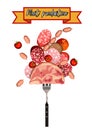 Set of sausage. Bacon. Salami. Smoked Boiled. Slices. Isolated objects on a white background, vector illustration