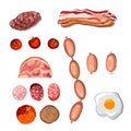 Set of sausage. Bacon. Salami. Smoked Boiled. Slices. Isolated objects on a white background, vector illustration Royalty Free Stock Photo