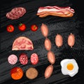 Set of sausage. Bacon. Salami. Smoked Boiled. Slices. objects on a chalk board background, vector illustration