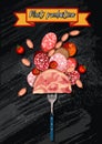 Set of sausage. Bacon. Salami. Smoked Boiled. Slices. objects on a chalk board background, vector illustration