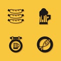 Set Sausage, Dried fish, Street signboard with beer and Wooden mug icon with long shadow. Vector