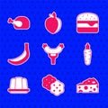 Set Sausage on the fork, Cracker biscuit, Cheese, Carrot, Jelly cake, Banana, Burger and Roasted turkey chicken icon