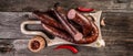 Set of sausage, salami smoked. Natural product from organic farm. Top view. Long banner format