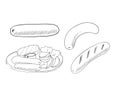 Set of sausages, a dish of fried sausage, vegetables, toast and sauce. Sketch illustration on a white. Isolated. Royalty Free Stock Photo