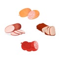 Set of sausages, fresh meat products, delicacies. Shop, grocery market.