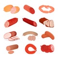 Set of sausages, fresh meat products, delicacies. Shop, grocery market.