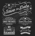 Set of save the date typography, frame and ribbon chalk style. Royalty Free Stock Photo