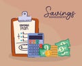 set of saving management icons and saving management lettering Royalty Free Stock Photo