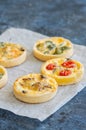 Set of savory mini tarts on a baking paper. Vegetable quiches wi Royalty Free Stock Photo