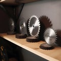 A set of saw blades arranged in different sizes on a shel one created with generative AI