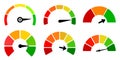 Set scale speed valuation icons, colour speedometer, tachometer signs, satisfaction barometer, fast speed signs, performance Royalty Free Stock Photo