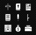 Set Scales of justice, Holy bible book, Lawsuit paper, Suspect criminal, Money bag, Inkwell, and Feather pen icon Royalty Free Stock Photo