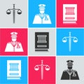 Set Scales of justice, Police officer and Law book icon. Vector