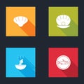 Set Scallop sea shell, Shell with pearl, Soup octopus and Served fish on plate icon. Vector