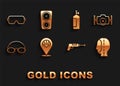 Set Scallop sea shell, Photo camera, Diving hood, Fishing harpoon, Glasses and cap, Aqualung, mask and Gauge scale icon