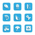 Set Scallop sea shell, Stingray, Sushi on cutting board, Fish tail, Shrimp, with sliced pieces and Tropical fish icon