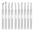 Set of scalpels with interchangeable blades of various shapes. Surgical operating hand tools. Realistic objects on a Royalty Free Stock Photo