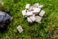 A set of Scandinavian runes made on wooden planks lies on a natural moss, next to the Gebo rune, attracting the gifts of God.