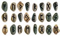 Set scandinavian viking alphabet runes on stones isolated on white background