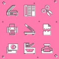 Set Scanner, Brochure, Scissors, Printer, Paper cutter, Torn document, Business card and Copy machine icon. Vector Royalty Free Stock Photo