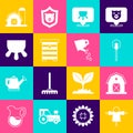 Set Scarecrow, Farm house, Shovel, Udder, Hive for bees, and Watering can icon. Vector Royalty Free Stock Photo