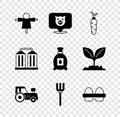 Set Scarecrow, Pig, Carrot, Tractor, Garden pitchfork, Chicken egg in box, Granary and Pack full of seeds of plant icon