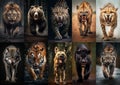 Set of scary closeup portraits with angry wild animals