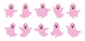 Set scary and funny pink ghosts with faces, isolated on white background. Halloween silhouettes pink ghost character Royalty Free Stock Photo