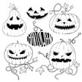 Set of scary graphic halloween pumpkins in contour sketch style.