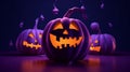 Set of scary and spooky cute face halloween pumpkins with glow light inside in night light. Horizontal poster , banner Generative Royalty Free Stock Photo