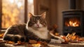 Cozy Autumn Evening: Cat Lounging by the Fireplace Royalty Free Stock Photo