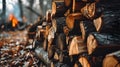 Background, stacked firewood in the forest, autumn Royalty Free Stock Photo