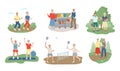 Set of scenes, old people activity, retirement entertainment, sports and hobbies grandparents. Vector illustrations of