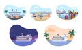 Set of scenes of people enjoying cruise ship vacation, flat vector illustration isolated on white background. Royalty Free Stock Photo