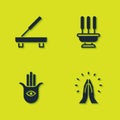 Set Scented spa stick, Hands in praying position, Hamsa hand and Incense sticks icon. Vector Royalty Free Stock Photo