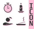 Set Scented spa stick, Stopwatch, Apple in hand and Burning candle icon. Vector Royalty Free Stock Photo