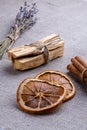 A set for scenting the room during meditation, air flavors in the home: wooden sticks palo santo, lavender, citrus