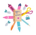 Set of school supplies. Back to school. Various accessories for study, student equipment. Cute modern illustration.