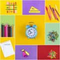 Set of school accessory for learning letter drawing education on background of multicolored paper.