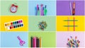 Set of school accessory for learning letter drawing education on background of multicolored paper