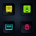 Set School backpack, Antique treasure chest, Pendulum and Insects in frame. Black square button. Vector Royalty Free Stock Photo