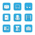 Set School backpack, Pencil sharpener, building, Abacus, Computer monitor, Spiral notebook, Glasses and Chalkboard icon