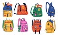 Collection of colorful school bag with books, toys, and patches. Royalty Free Stock Photo