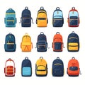 Set of school backpacks. Children briefcases for carrying school supplies. Vector illustration. Schoolbags. Full kids students Royalty Free Stock Photo