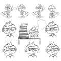 Set of boy face, emotions little boy sit at school, dreams behind a pile of books, monochrome drawing hand paint, little Royalty Free Stock Photo