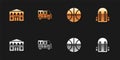 Set School building, Bus, Basketball ball and backpack icon. Vector Royalty Free Stock Photo