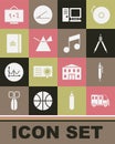 Set School Bus, Pen, Drawing compass, Computer monitor, Light rays prism, Spiral notebook, Chalkboard and Music note