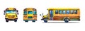 A set of School bus in three angles: front, profile and rear view. Watercolor.