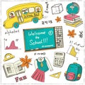 Set of school drawings on chalkboard. Sketches. Hand-drawing. Used for education, document decoration and packages product. Vecto